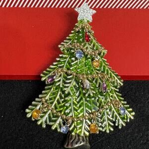 Avon 2008 Annual Christmas Tree Brooch – Enamel, Rhinestones, Dangling Charms
